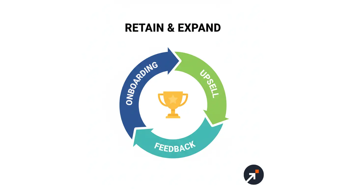 A circular flow diagram showing the post-sale process of onboarding, customer feedback, and business expansion.