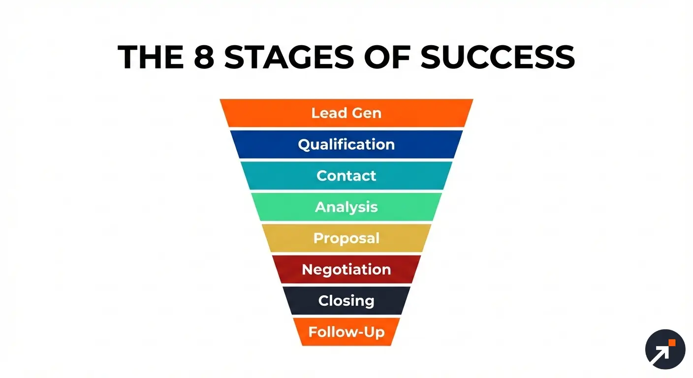 A vertical infographic showing the eight stages of a B2B sales pipeline from lead generation to post-sale follow-up.