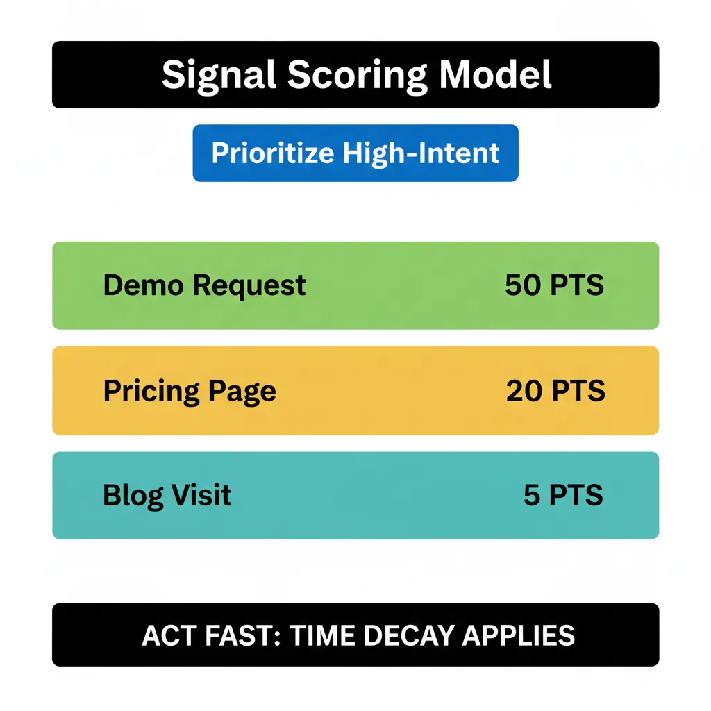 A scoring table for sales leads showing points for demo requests, pricing page visits, and blog views.